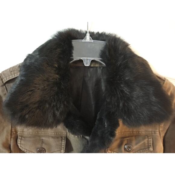 Y2K S Miss Me Olive Army Jacket, Real Rabbit Fur Lined & FleurDeLis Studded Back - Picture 2 of 8